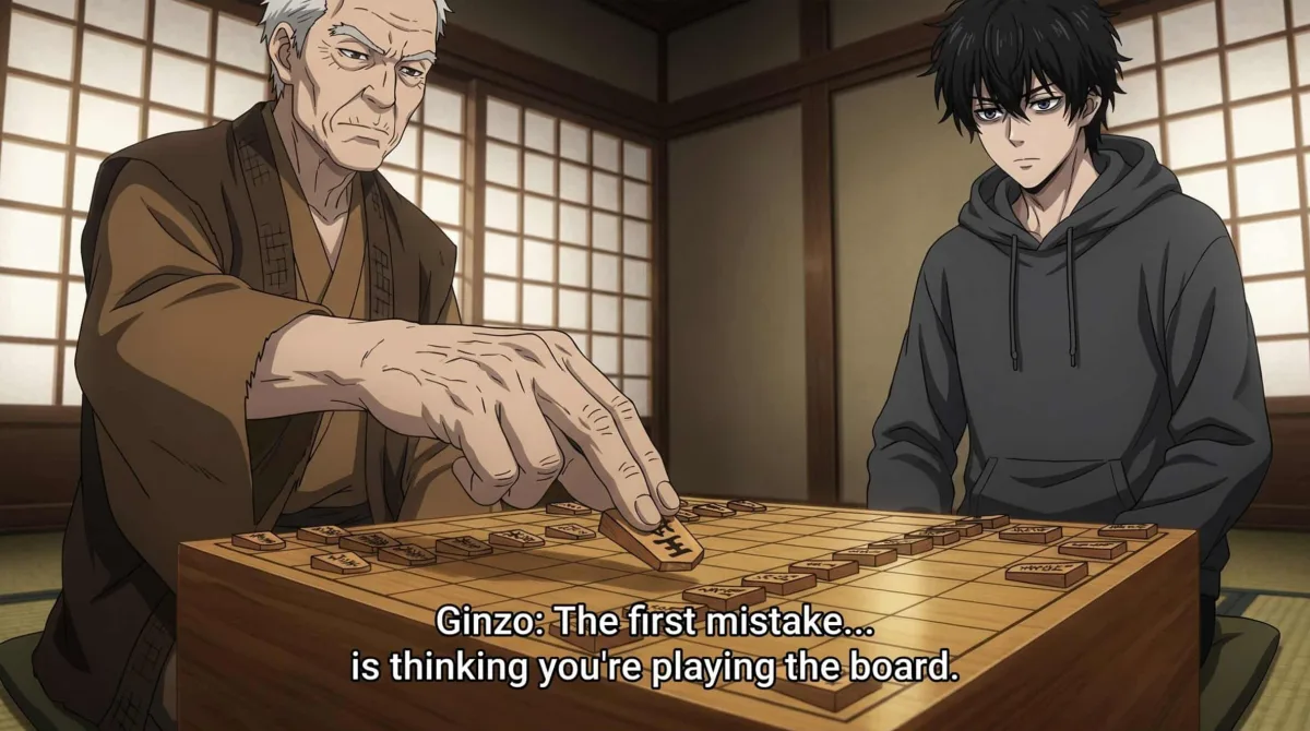 Ginzo places a piece on the shogi board as Ren watches, from Trading Wars